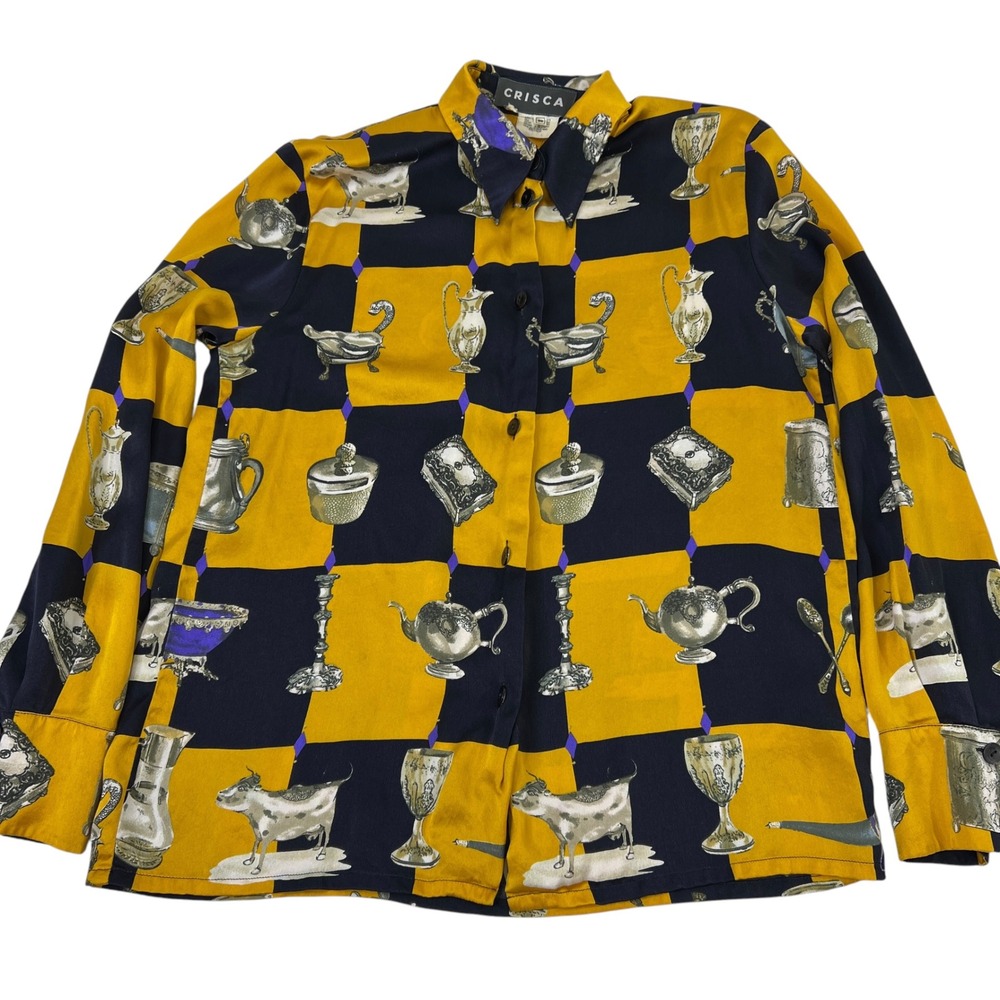 Vintage Crisca Silk Blouse Womens 36 Mustard Navy Novelty Print Made Italy